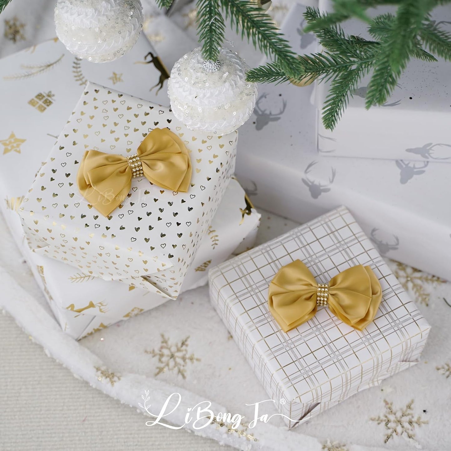 Gold Bows 4'' Premade Satin Ribbon Bow, Gift Bows with Rhinestone, Wrapping Bows for Presents, Greeting Cards, Treat Bags, Wine Bottles, Valentines Bows for Gift Wrapping-12 Counts