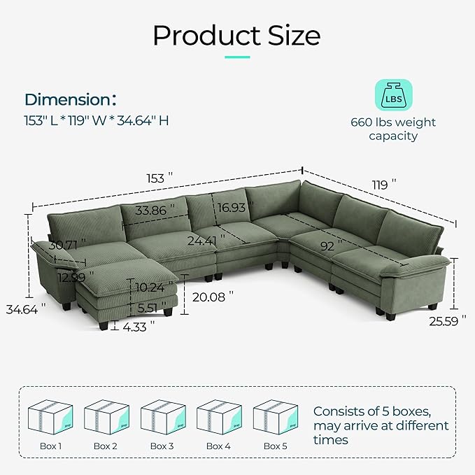 LINSY HOME Modular Sectional Sofa, 6-Seat Corduroy Modern Cloud Couch - Image 2