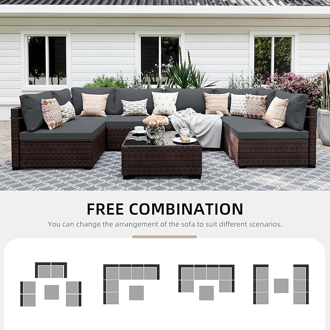 UPHA 7 Pieces Patio Furniture Sets, Wicker Outdoor Sectional Sofa Couch - Image 4