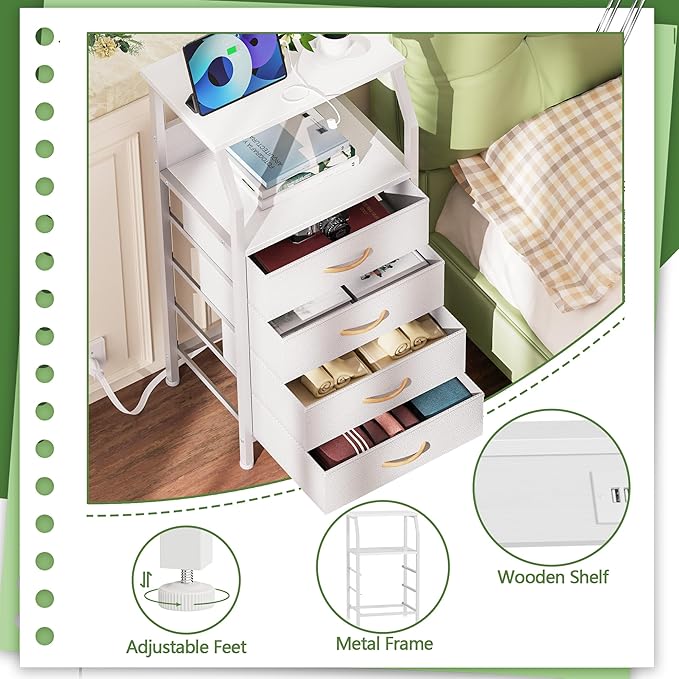 Furnulem Night Stand with Charging Station, Dresser with PVC & Fabric Drawers - Image 7