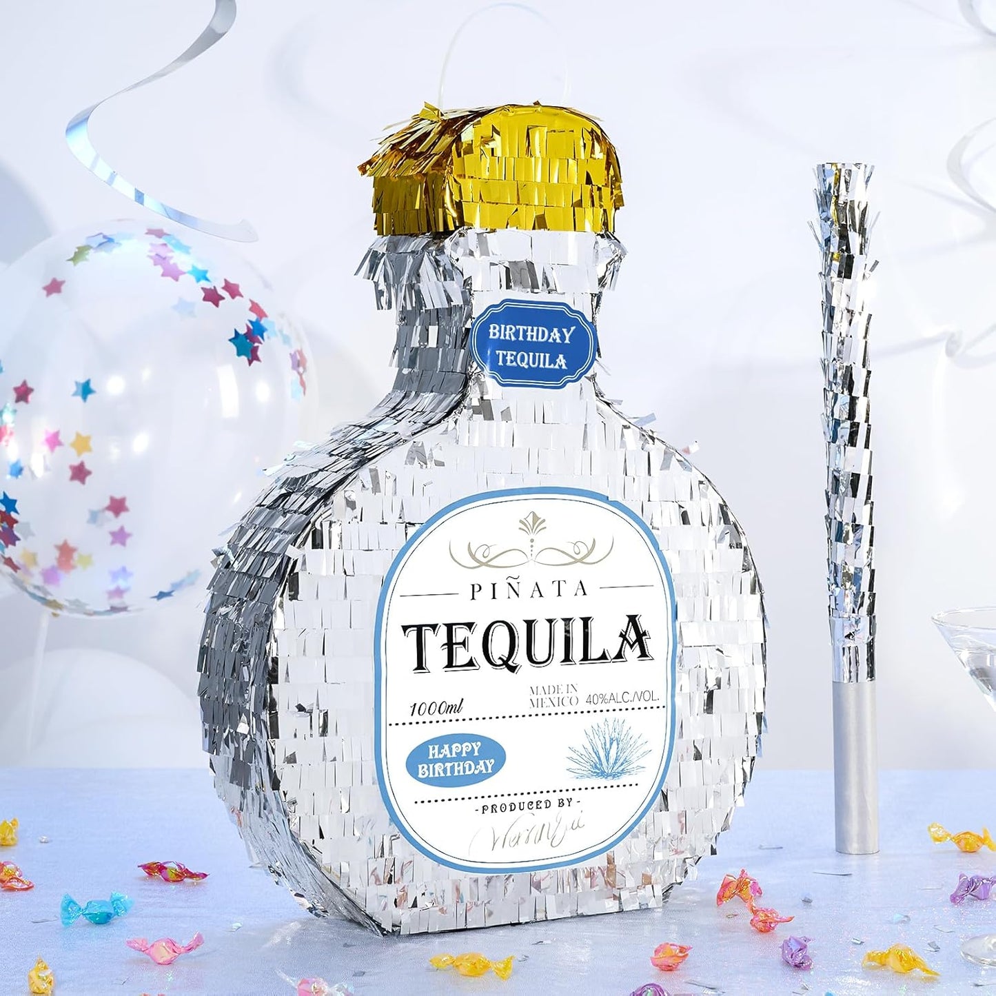 WERNNSAI Tequila Bottle Pinata - Disco Party Decorations for Adults Silver Patron Tequila Pinata with Blindfold for Bachelor Birthday Party Supplies 11.7” x 16.5”