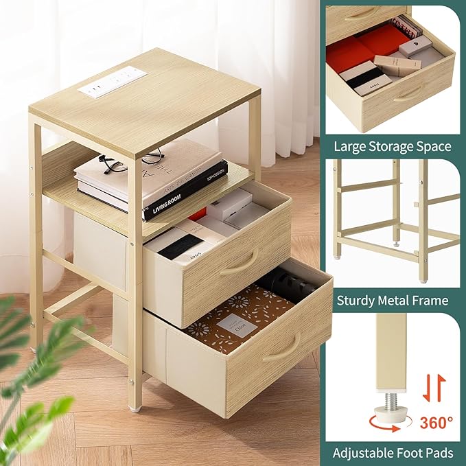 Yoobure Nightstand with Charging Station, Small Night Stand with Fabric Drawers - Image 7