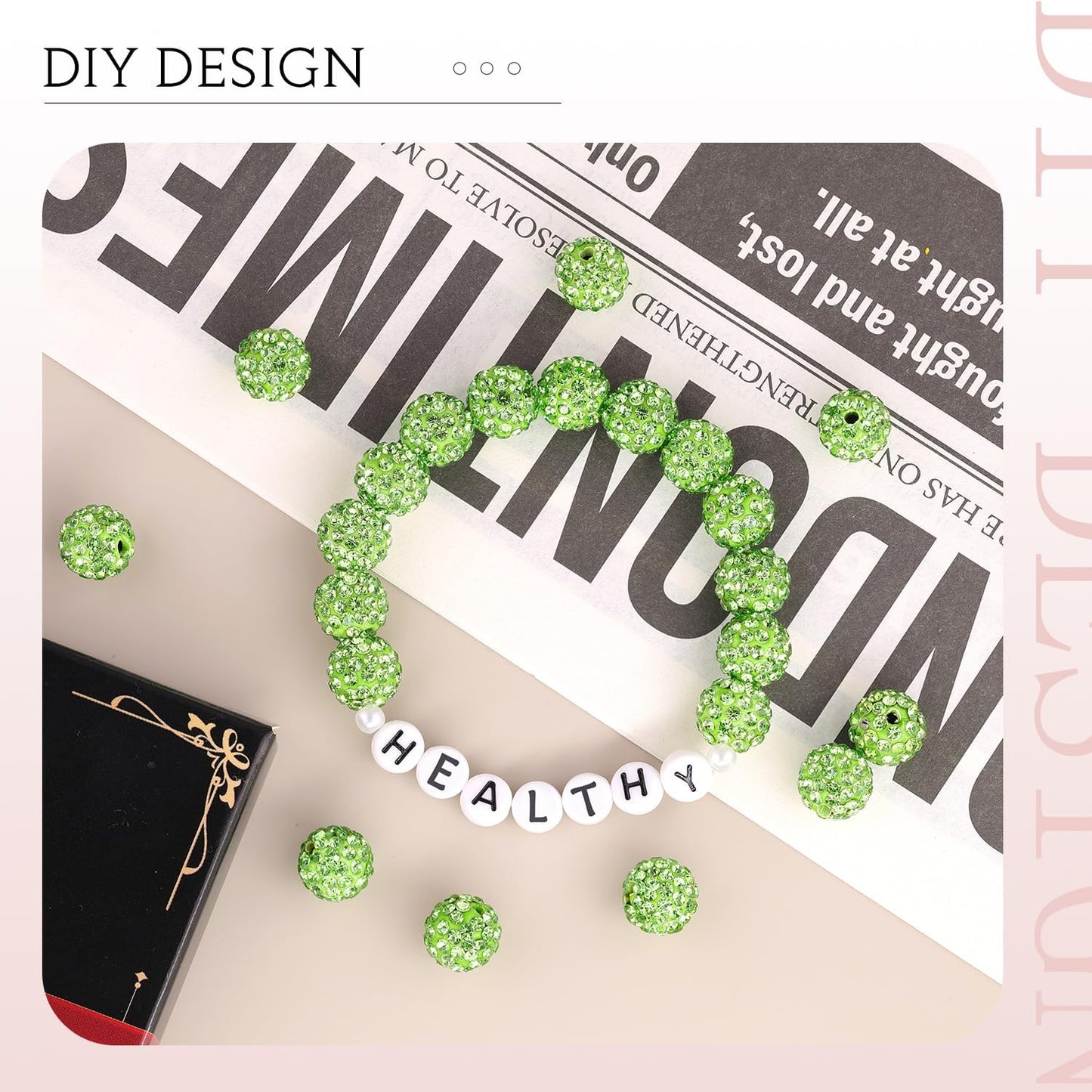 150 pcs 10mm Rhinestone Beads for Jewelry Making, Light Green Shiny Round Shamballa Disco Beads Bulk, Sparkle Crystal Clay Christmas for Bracelet Baseball Necklace Earring Crafting and DIY