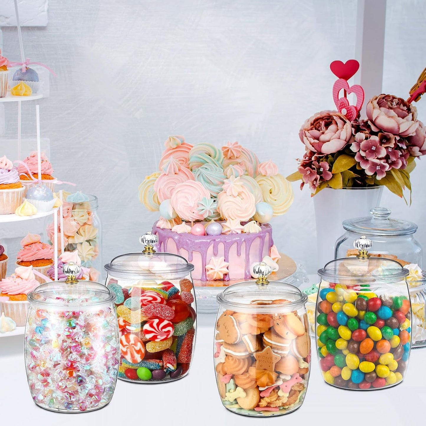 Nuogo 4 Pcs Plastic Candy and Cookie Jars with Lids Clear Cookie Container Candy Jars Large Airtight Apothecary Storage Organization for Wedding Home Kitchen Bar(80 oz)