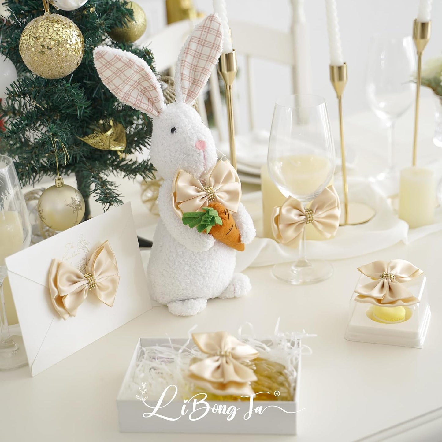 Champagne Gold Ribbon Bow 4'' Premade Satin Bows, Gift Bows with Rhinestone, Wrapping Bow for Presents, Greeting Cards, Treat Bags, Wine Bottle, Valentines Bows for Gift Wrapping-12 Counts