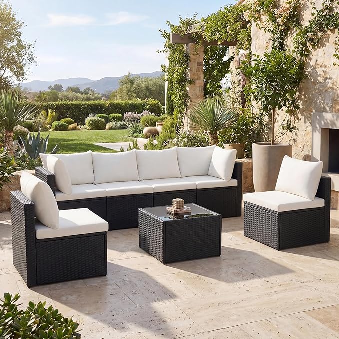 DUMOS 7 Piece Outdoor Patio Sectional Sofa, Modular Wicker Furniture Set - Image 2