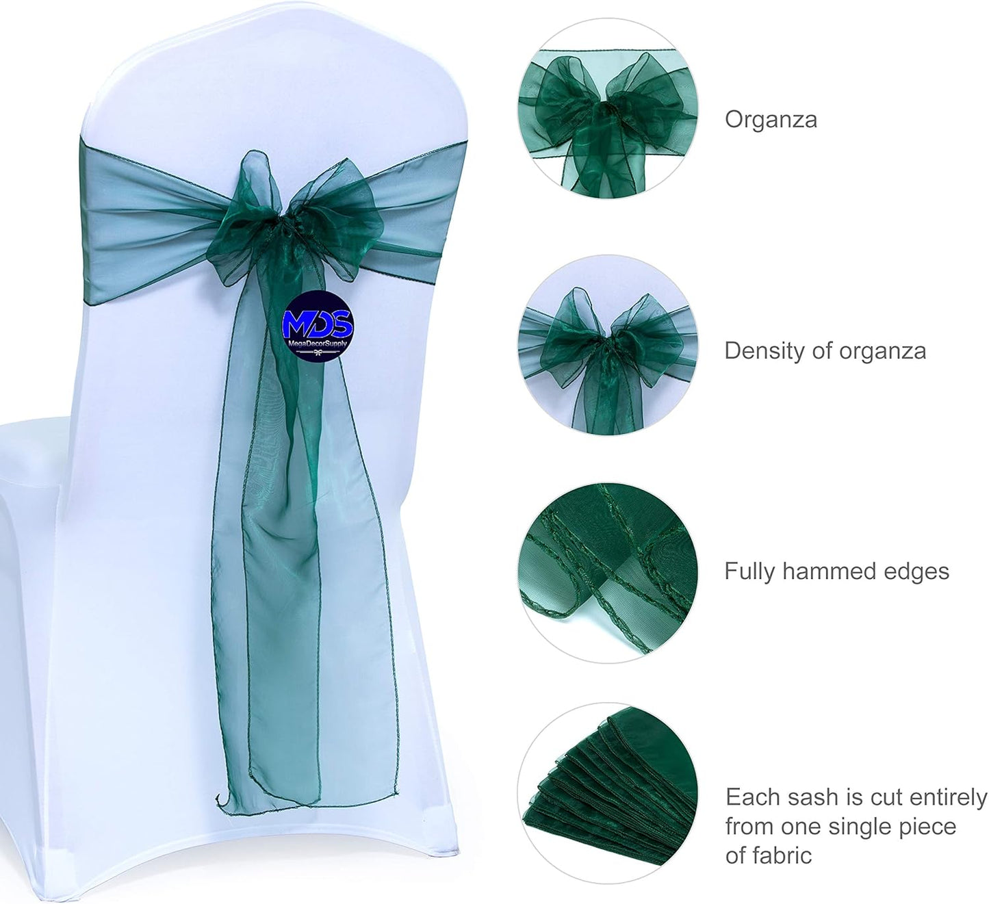 MDS Pack of 125 PCS Organza Chair Sashes Wider Dining Chair Bows Ribbon Tie Back for Wedding Party Birthday Bridal Shower Reception Event Banquet Home Chair Cover Decoration - Hunter Green