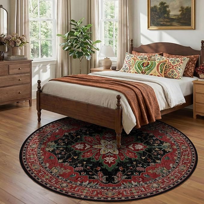 RELEANY Area Rugs Round 8ft Washable Non-Slip, Floral Vintage Distress Print - Image 3