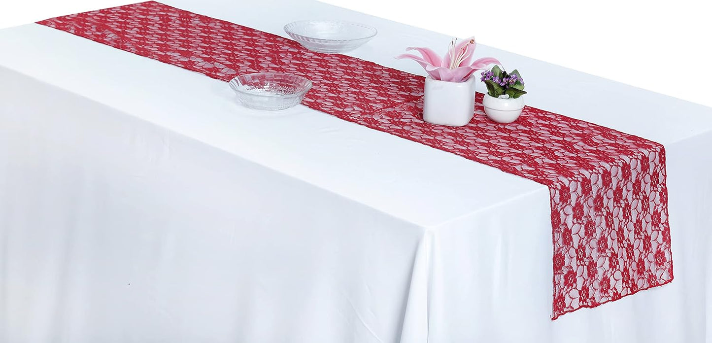 MDS Pack of 15 Wedding 12 x 108 inches Lace Table Runner for Wedding, Decorations for Birthday Parties, Banquets, Graduations, Engagements, and Runners fit Rectangle, Round Table- Apple red