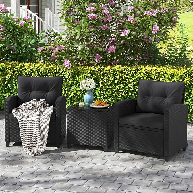 HAPPYGRILL 3 Pieces Wicker Patio Conversation Set, PE Rattan Bistro Sofa Set - Image 2