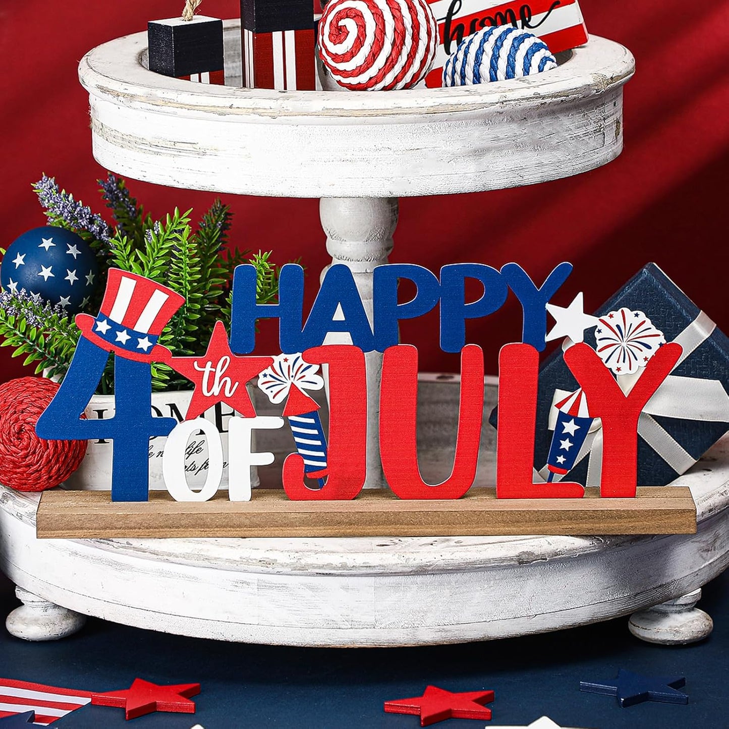 Happy 4th of July/Patriotic Metal Sign Rustic Table Decor Holiday Tiered Tray Decor with Wooden Base Freestanding Metal Word Sign for Home Tabletop Centerpiece Mantel Shelf Fireplace