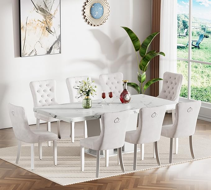 Henf 9 Pieces Faux Marble Dining Table Set - Image 3