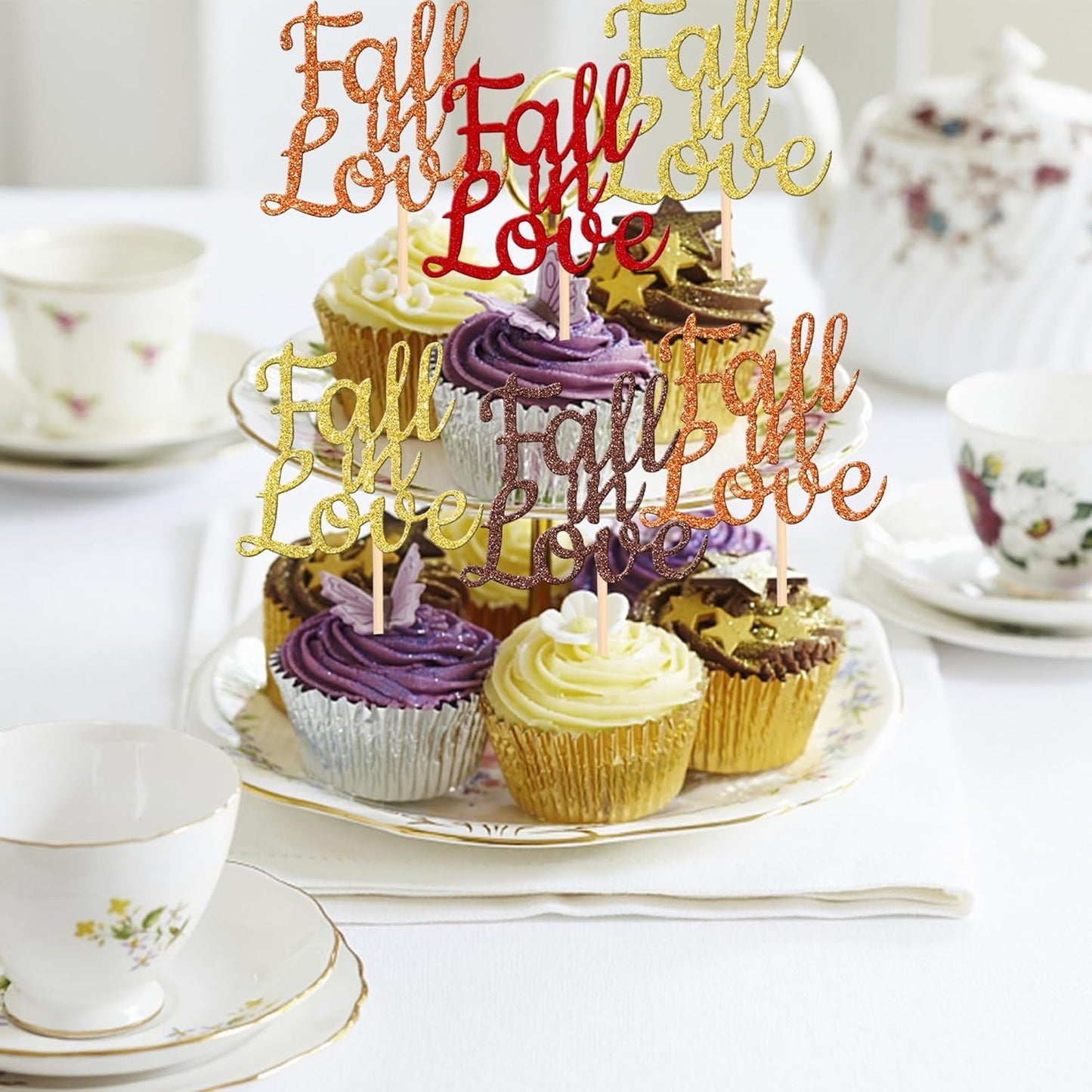 24 PCS Fall in Love Cupcake Toppers Glitter Fall Theme Bridal Shower Cupcake Picks for Autumn Wedding Engagement Anniversary Birthday Party Cake Decorations Supplies Colorful
