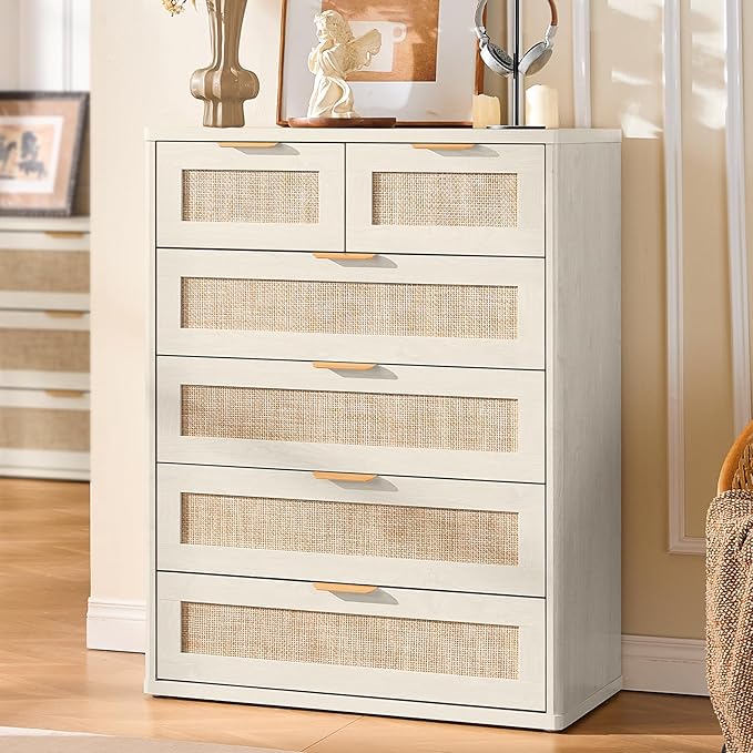 LEYAOYAO White Dresser for Bedroom Set of 2, Modern 6 Drawers Boho Rattan - Image 6