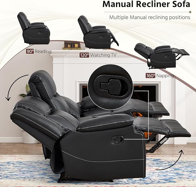 ANJ Premium Genuine Leather Manual Reclining Sofa Couch, Overstuffed 3-Seater - Image 3