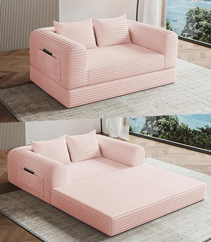 Versatile 2 in1 Loveseat Pink Accent Chair Couch Convertible Boneless Chaise by SYFERLORY