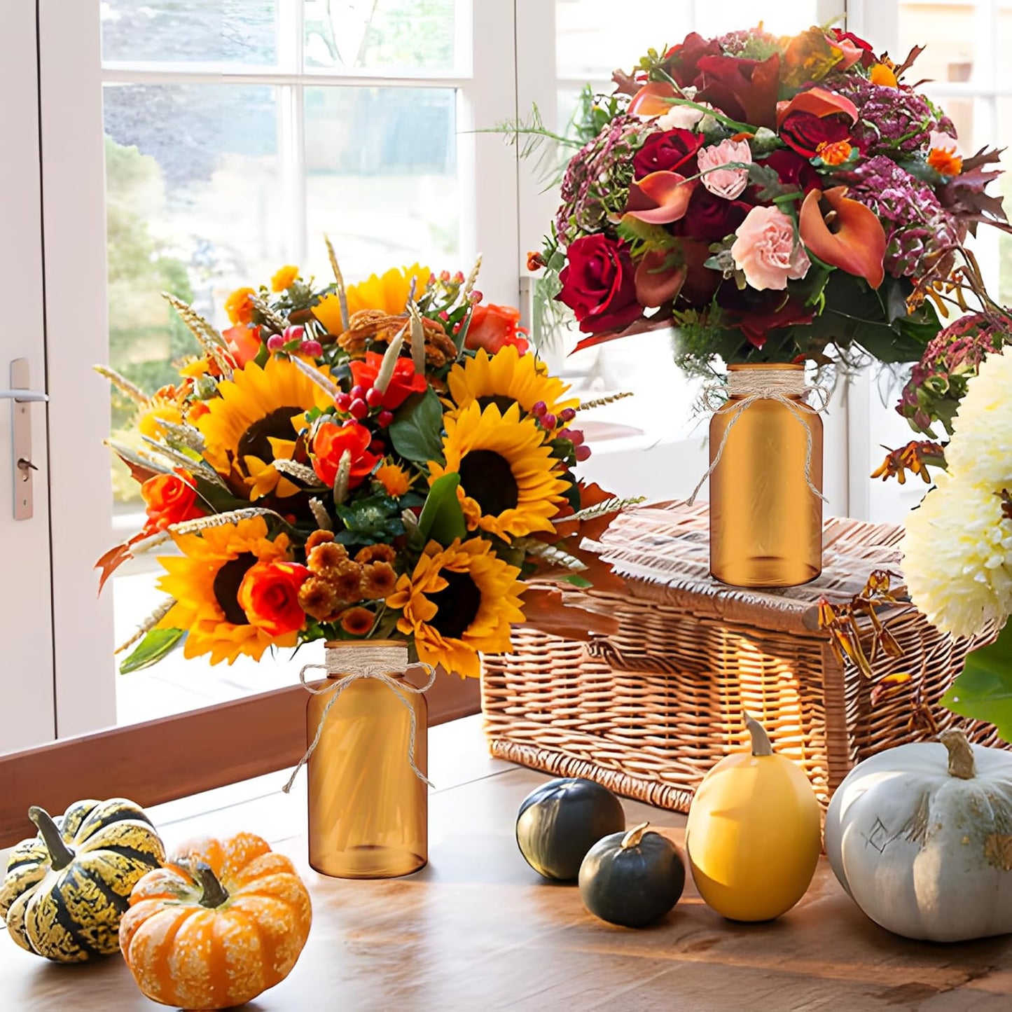 Vintage Glass Flower Vase，12 Pack Farmhouse Amber Gold Glass Centerpiece Vases Mason Jars for Weddings, Parties & Home Decor Bulk (12, Amber)