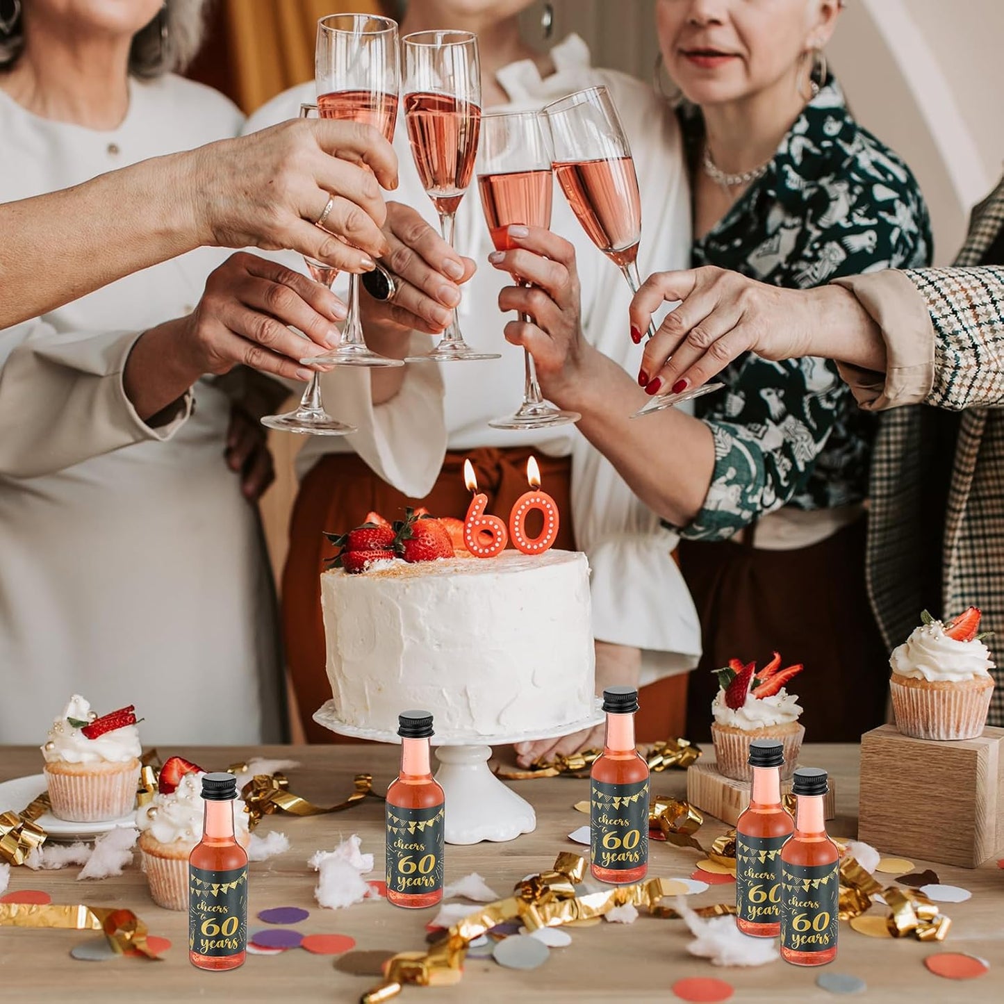Vesici 50 Pack Mini Liquor Bottles 1.7oz Shot Mini Wine and Champagne Bottle Birthday Sticker with 2 Funnels Birthday Party Favor for Adult Guest Women Men Anniversary Celebration(Cheers to 60 Years)