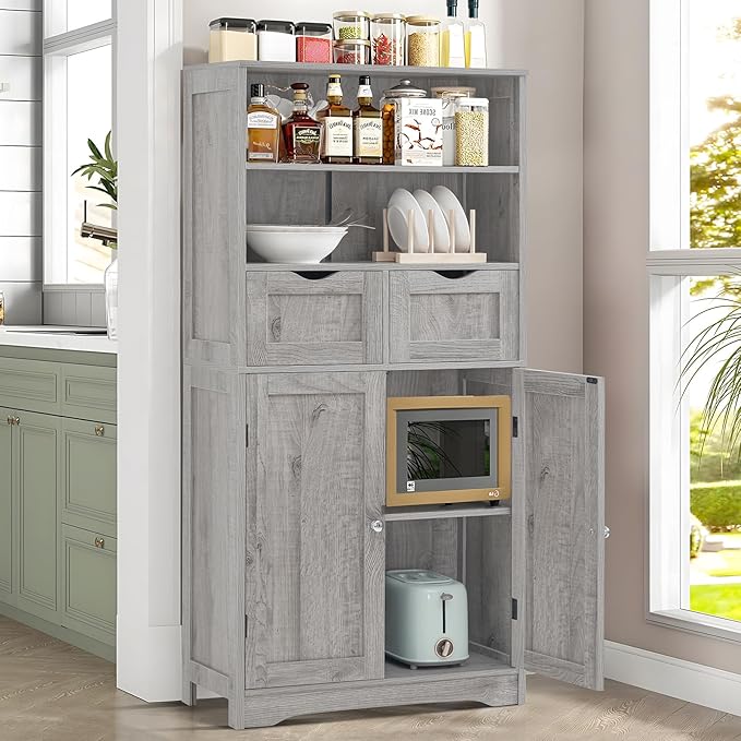 Iwell Storage Cabinet with 2 Drawers & Adjustable Shelf, Tall Bathroom Cabinet - Image 4