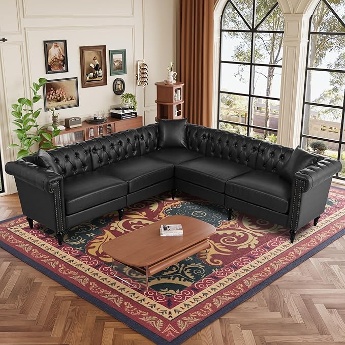 KEIKI 99" L-Shaped Luxury PU Leather Chesterfield Sectional Sofa - Image 3