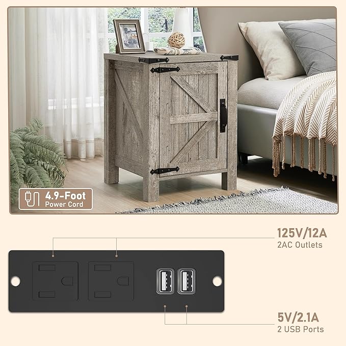 OKD Nightstand with Charging Station, 18 Inch Farmhouse End Table with Barn - Image 6