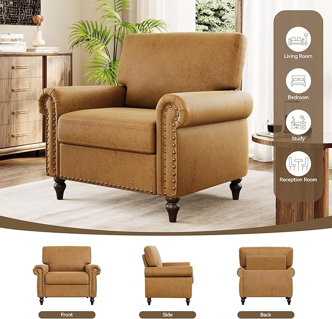 Nailhead Trim Accent Chair, Faux Leahter Mid Century Modern Living Room Arm - Image 9