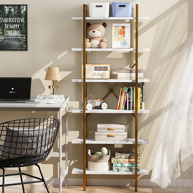 6 Tiers Bookshelf Organizer White Faux Marble Shelf, Modern Open Display - Image 3