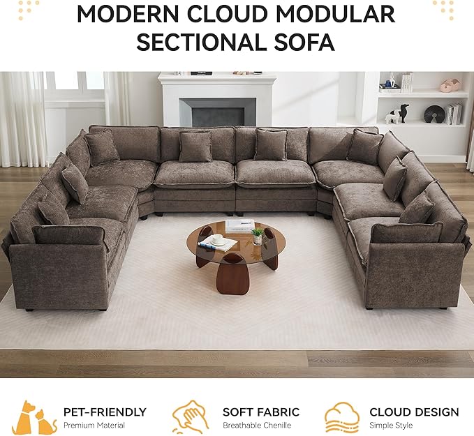 147'' Oversized U Shaped Cloud Sectional Sofa, Chenille Deep Seat Couches - Image 7