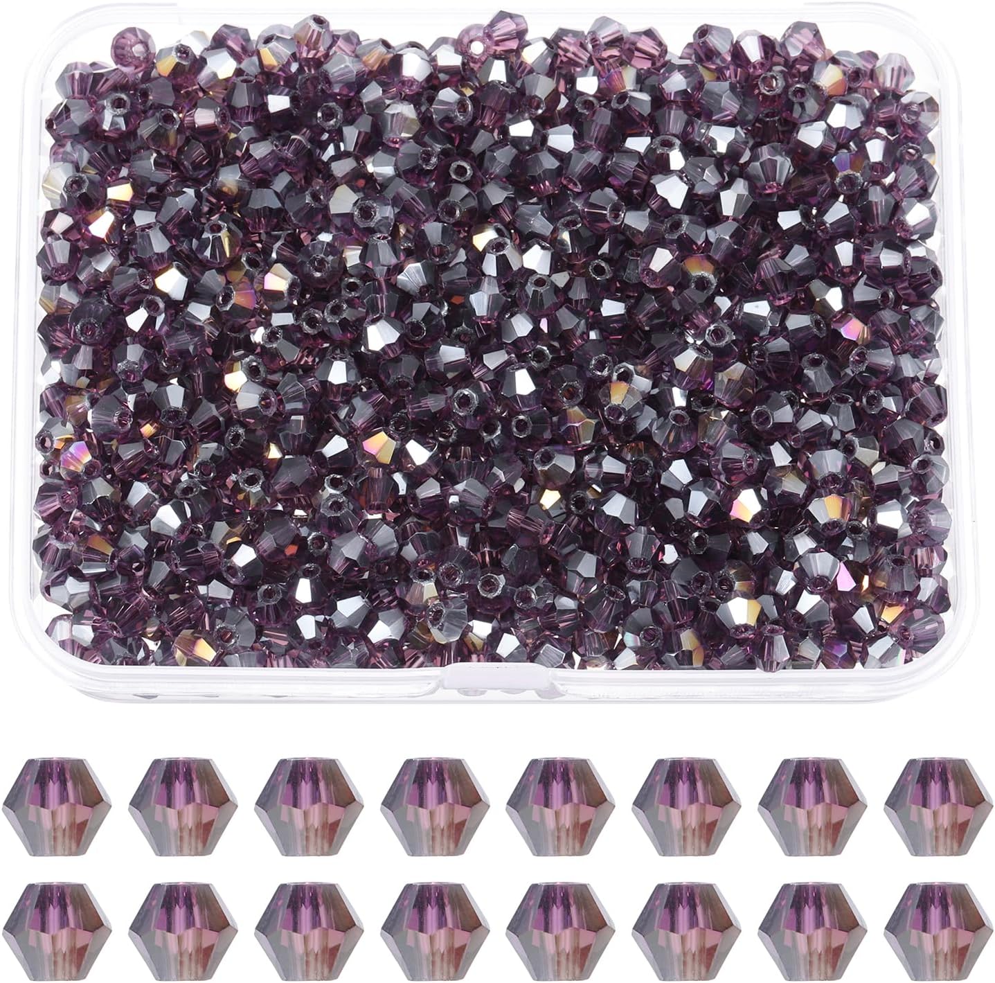 PATIKIL 1000pcs 3mm Bicone Glass Crystal Beads, Faceted Glass Spacer Beads with Box for Jewelry Making Bracelet Necklace Earrings DIY Suncatcher Craft, Violet AB