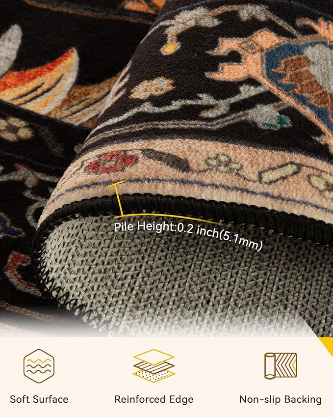 RELEANY Area Rugs Round 5ft Washable Non-Slip, Floral Vintage Distress Print - Image 4