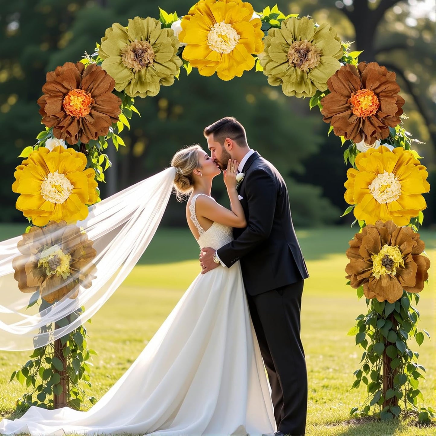 4 PCS 20" Brown Yellow Giant Paper Flowers Boho Baby Shower Party Decorations Thanksgiving Fall Autumn Large Tissue Pom Poms Neutral Floral Rustic Crepe Paper Flowers for Wall Birthday Wedding Garden