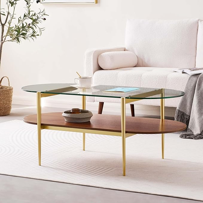 LumFurn Oval Glass Coffee Table, Mid-Century Modern Design, L41 x W21 x H17 inch - Image 3
