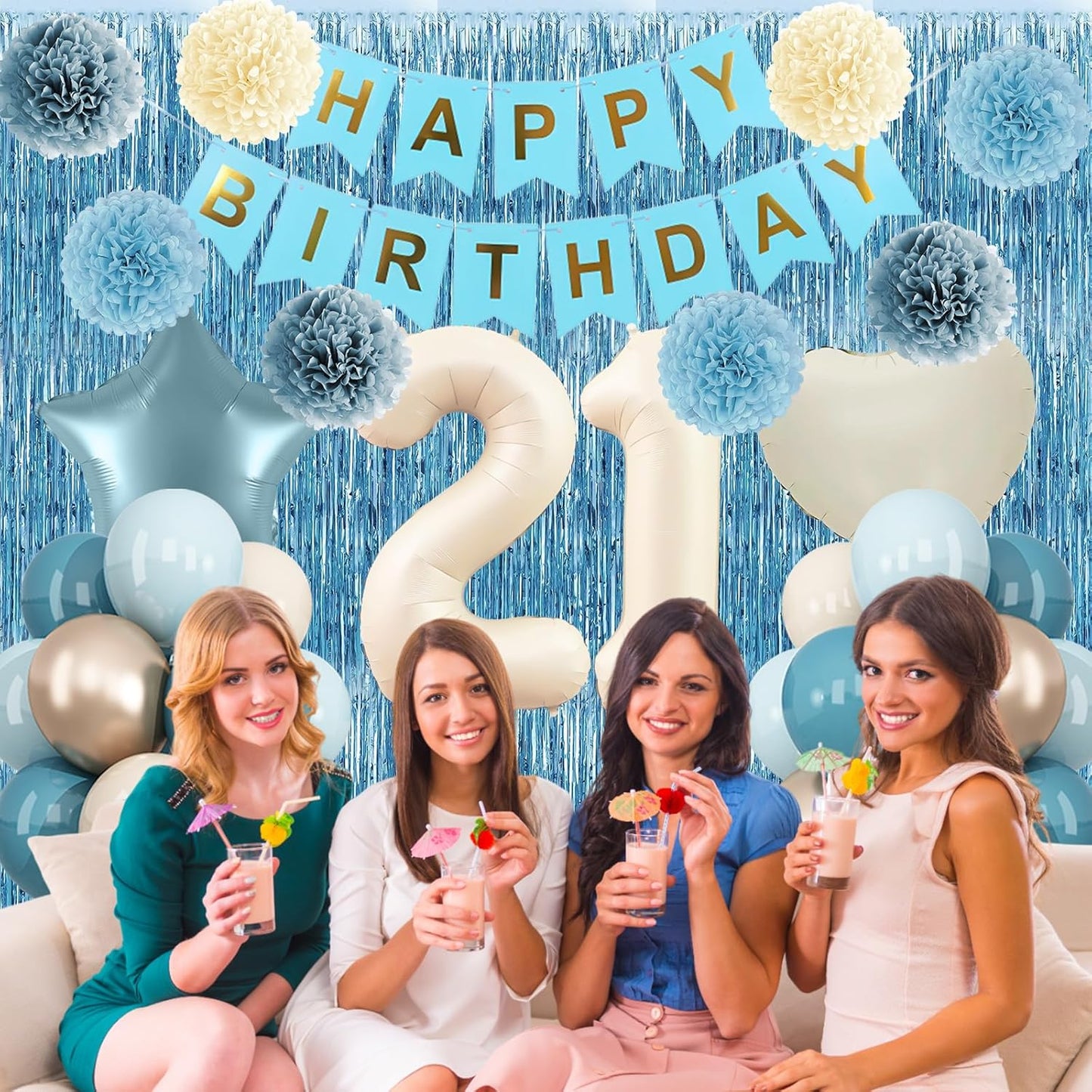 Dusty Blue 21st Birthday Decorations for Him Her Beige Cream Number 21 Balloon Blue Gold Happy Birthday Banner Fringe Curtain Paper Pom Poms Nude White Sand Champagne Star Foil Balloons Party Decor