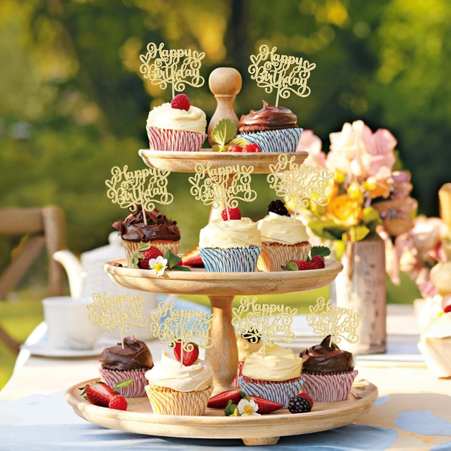 Gyufise 24Pcs Happy Birthday Cupcake Toppers Glitter Happy Birthday Cupcake Picks for Celebrating Happy Birthday Anniversary Theme Party Cake Decorations Supplies Gold