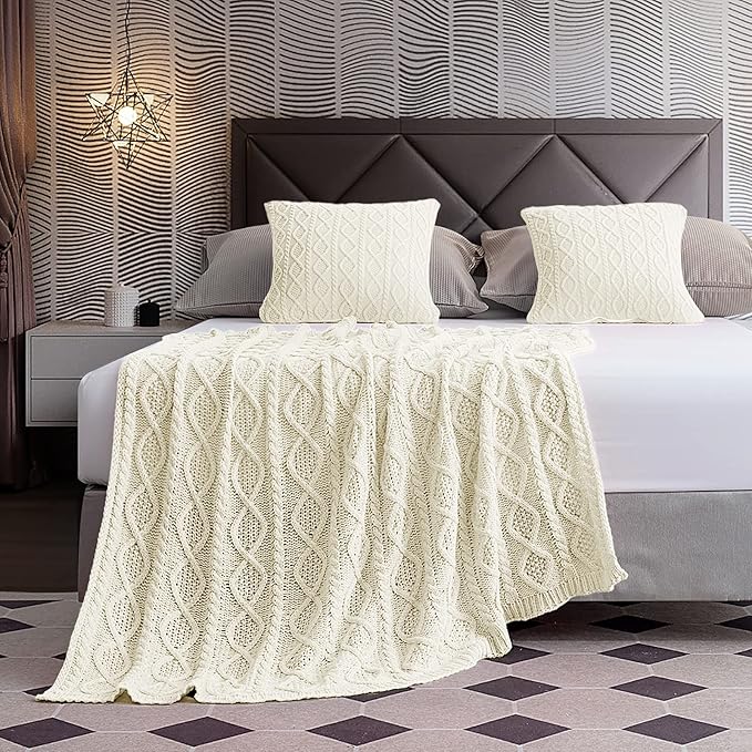 Homiest Cable Knit Throw Blanket & Pillow Set, Cream White Set of 3, Knitted - Image 5
