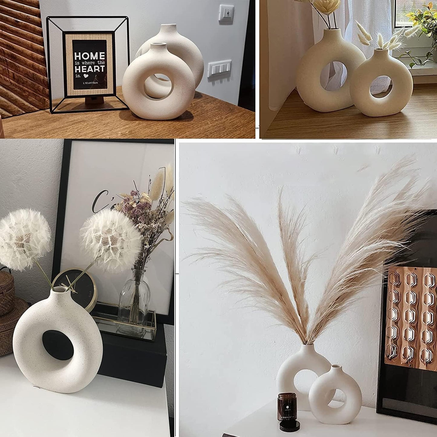 White Ceramic Vases Set 2 for Modern Home Decor,Boho Round Matte Pampas Flower Vases Minimalist Style for Wedding Dinner Living Room Office Coffee Table Decorative
