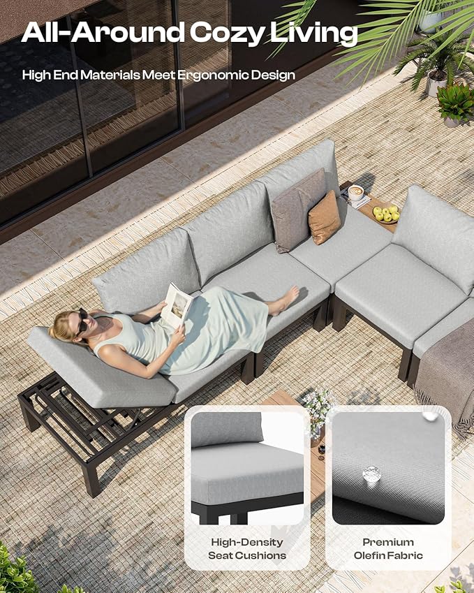 Aluminum Outdoor Patio Sofa Set, 2 Seats Modular Sectional Reclining Loveseat - Image 4
