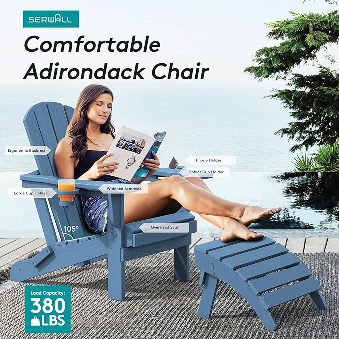 SERWALL Folding Adirondack Chair, HDPE Adirondack Chairs Set of 4, Plastic - Image 5