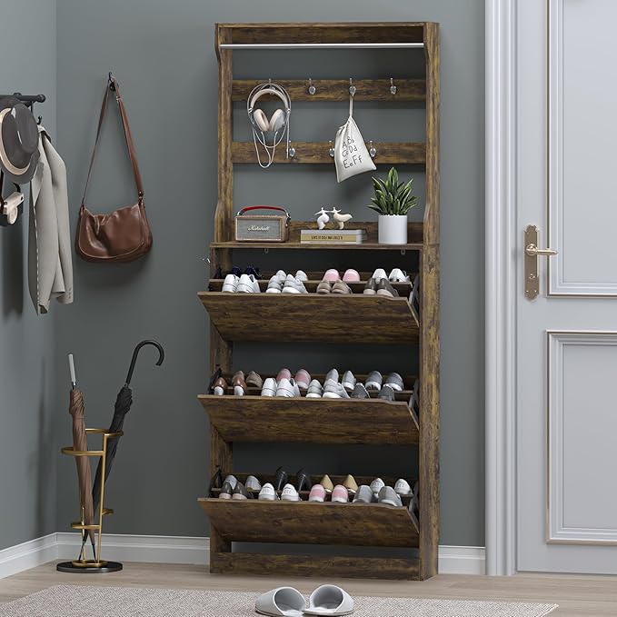 BORNOON Shoe Cabinet with 3 Flip Drawers & Coat Rack, Narrow Hidden Shoe - Image 7