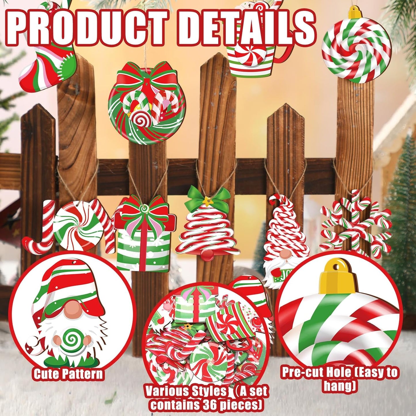 Suzile 36 Pcs Christmas Wooden Ornaments Peppermint Ornaments for Tree Vintage Christmas Decor Red and Green Candy Cane Tree Decorations Xmas Hanging Wood Cutouts Decor for Home Winter Party Wreaths