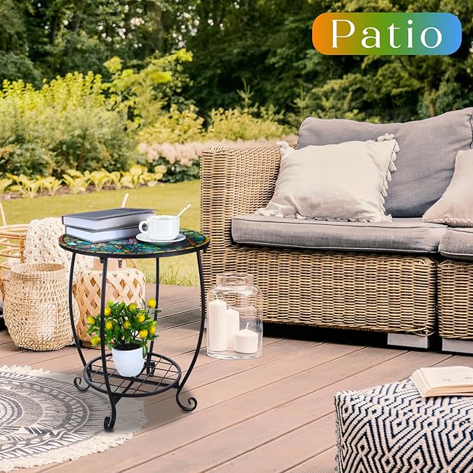 Cinnvoice Outdoor Side Table Round Small Mosaic Patio Accent Indoor End Plant - Image 2