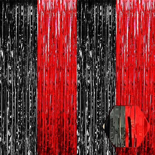 3 Pack Black Red Foil Fringe Curtain Backdrop, 3.28Ft x 8.2Ft Metallic Tinsel Foil Fringe Streamer Curtains for Photo Booth, Christmas Day, Thanksgiving, Wedding, New Year Party Decorations