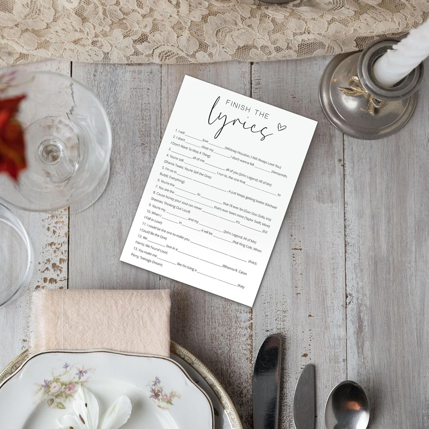 Bridal Shower Games, Finish the Lyrics, 25Pcs Minimalist White Double-Sided Bridal Game Cards with 1 Answer Key, Wedding Shower Games for Guests, Engagement Bachelorette Party Supplies - A09