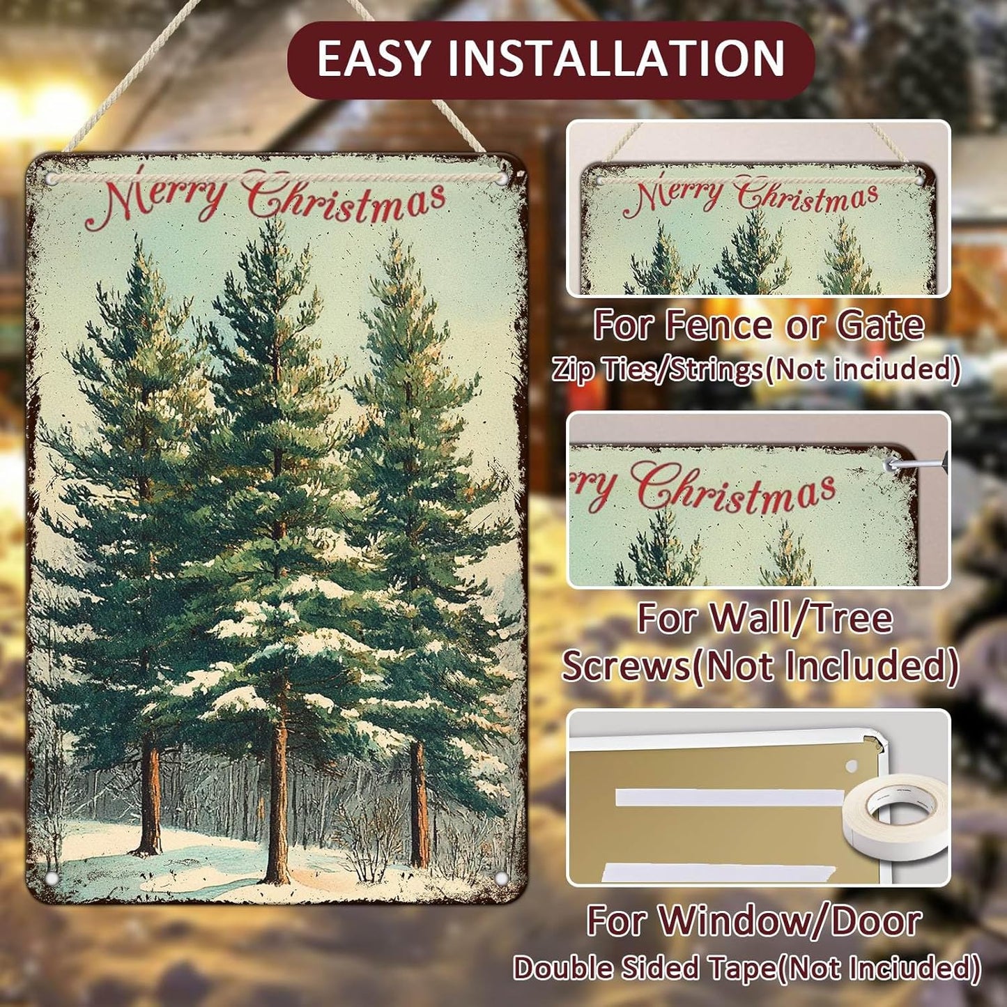 Vintage Christmas Decor Sign Christmas Tree Metal Tin Sign Merry Christmas Retro Tin Sign for Holiday Wall Decor Outdoor Cafe Living Room Bedroom 8x12Inch