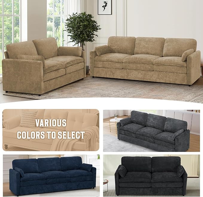 Comfy Chenille Sofa Set with Well-Filled Pillows, Modern 3 Seater and Loveseat - Image 7