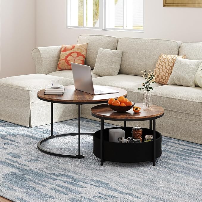 Tangkula Round Nesting Coffee Table Set of 2, Wooden Center End Table - Image 2