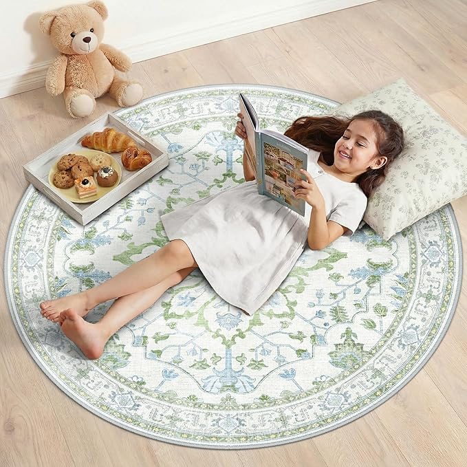 RELEANY Area Rugs Round 4ft Washable Non-Slip, Floral Vintage Distress Print by RELEANY