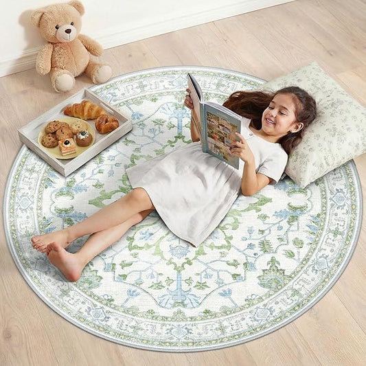 RELEANY Area Rugs Round 4ft Washable Non-Slip, Floral Vintage Distress Print by RELEANY