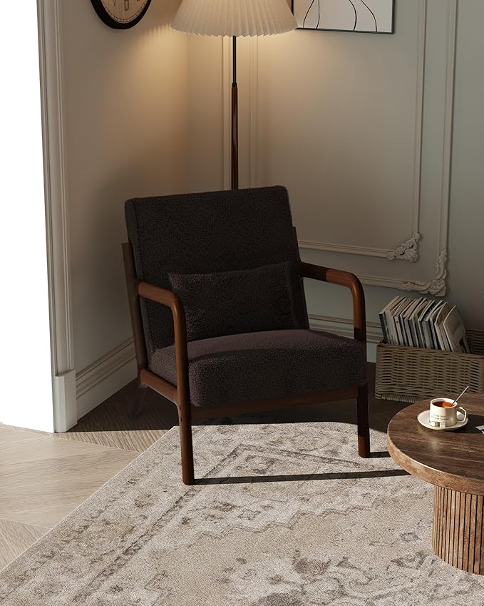 Garvee Mid-Century Modern Accent Chair, Sherpa Upholstery, Solid Wood Armchair by Garvee