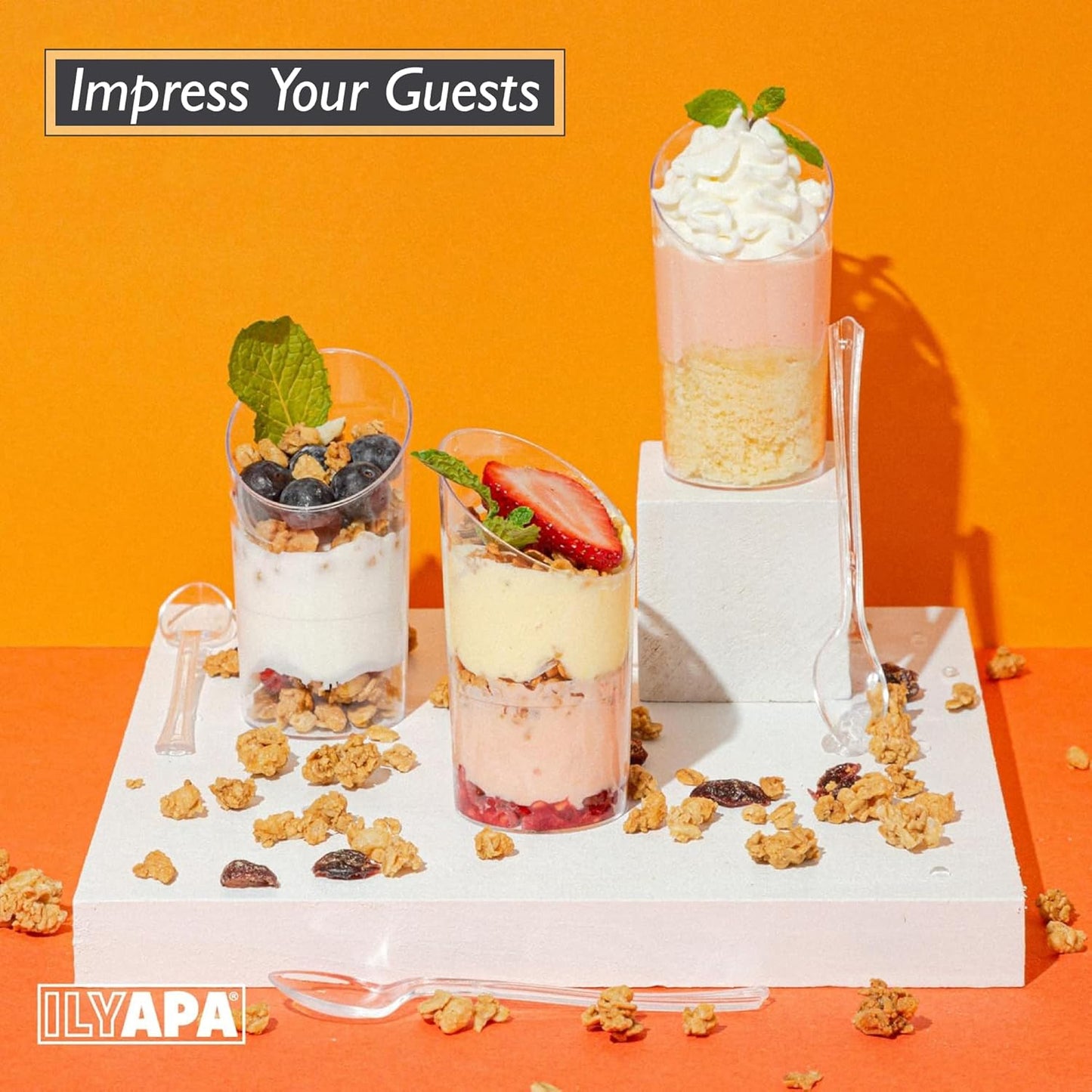 Ilyapa 3oz Plastic Dessert Cups - 100 Pack Mini Dessert Cups with Spoons - Clear Reusable Small for Cheesecake Shooters, Chocolate Mousse, Parfait - Party and Catering Supplies - Slanted